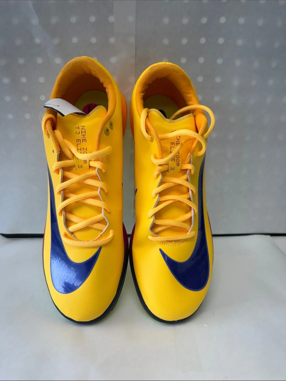 Nike Yellow Track Spikes with Blue Swoosh and Purple Gradient Midsole size 11